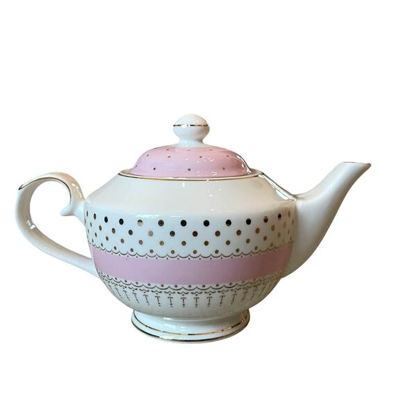 Grace Teaware Fine Porcelain Teapot Pink and White Dots Gold Accents 4 Cups New - Picture 1 of 16